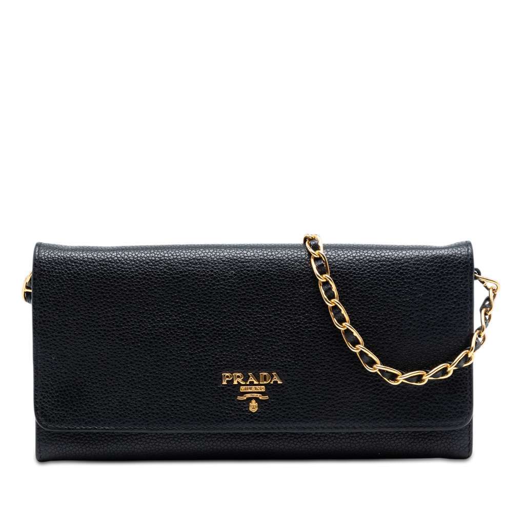 Prada Vitello Daino Wallet On Chain Black Leather Very good condition - Front View