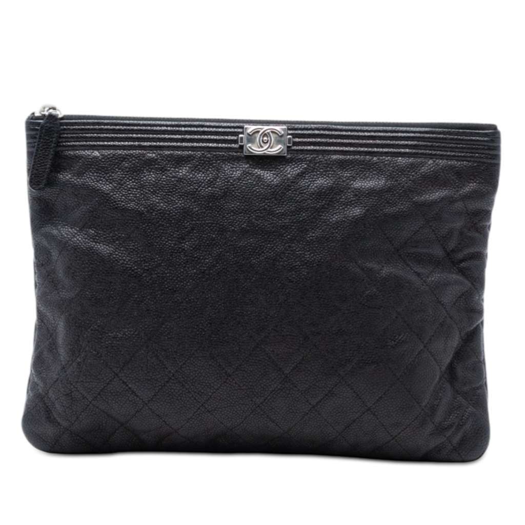 Chanel Medium Quilted Caviar Boy O Case Clutch Black Leather Very good condition - Front View