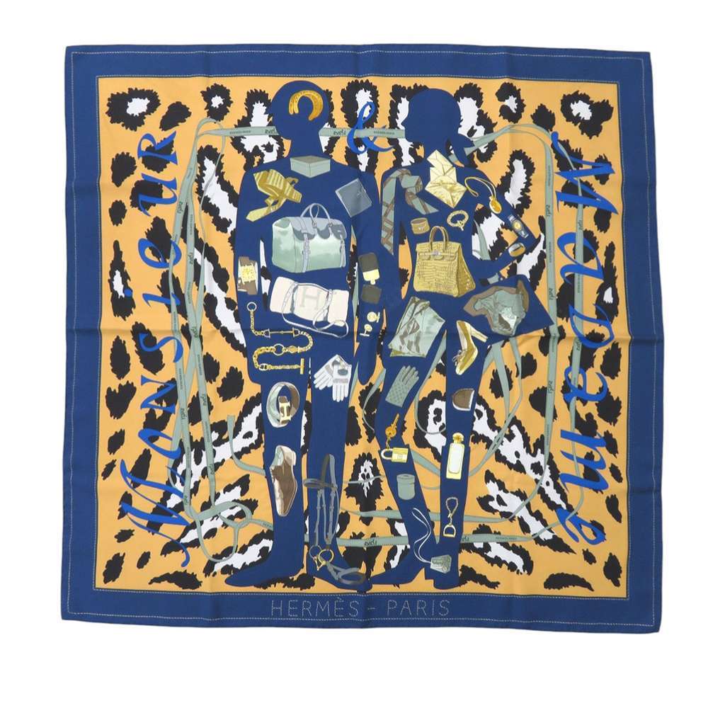 Hermès Monsieur et Madame Silk Scarf 90 Yellow Silk Very good condition - Front View