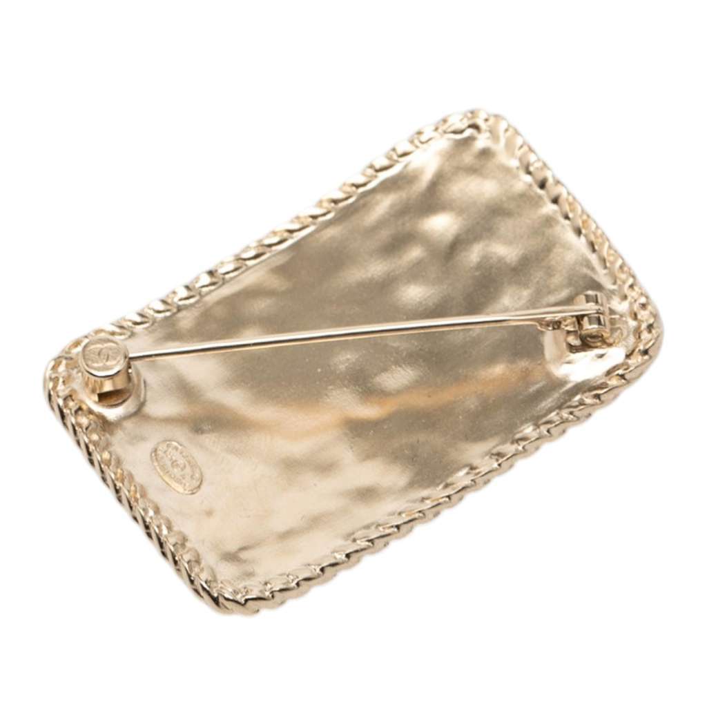 Chanel CC Gold Plated Crystal Logo Crown Plate Brooch Gold Metal Very good condition - Back View