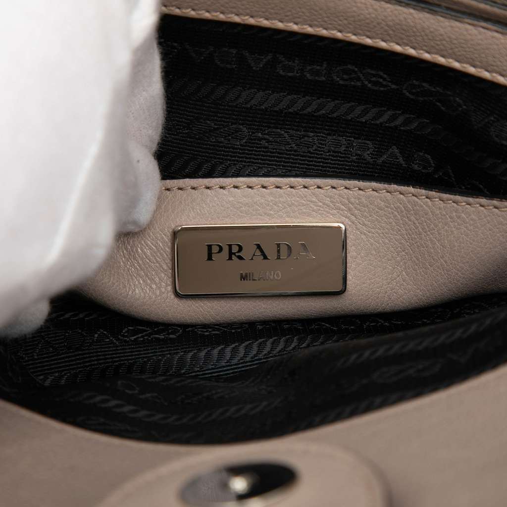 Prada Glace Calf Studded Twin Pocket Satchel Beige Leather Very good condition - Box View
