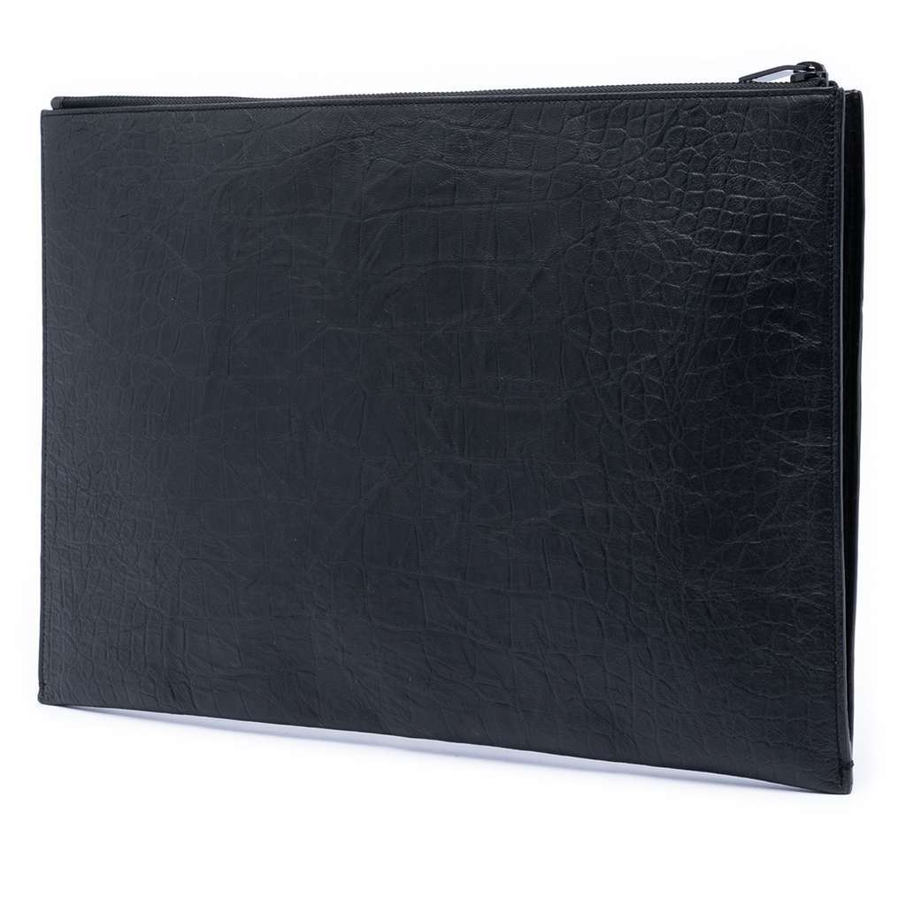 Saint Laurent Croc Embossed Leather Monogram Clutch Black Leather Very good condition - Back View