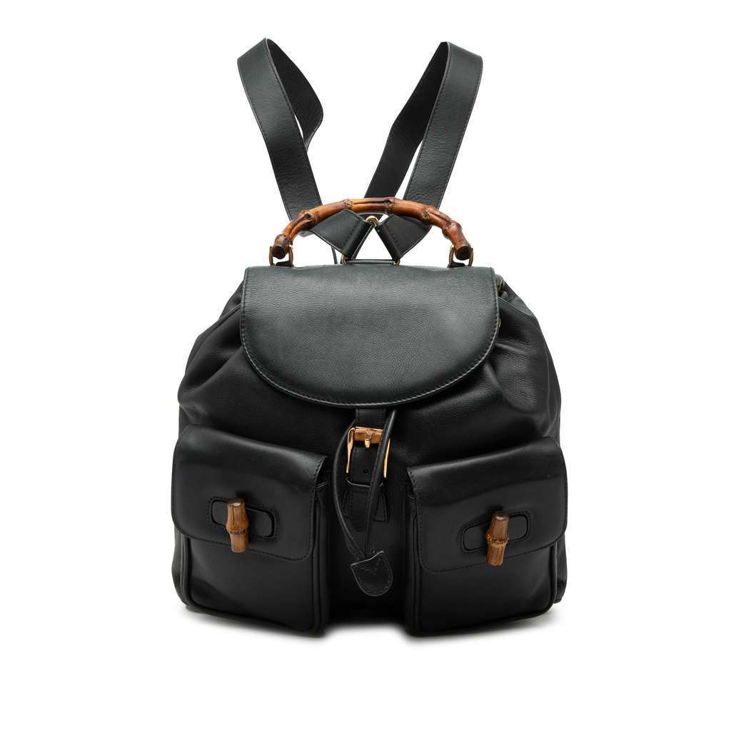 Gucci Calfskin Bamboo Drawstring Backpack Black Leather Very good condition - Front View