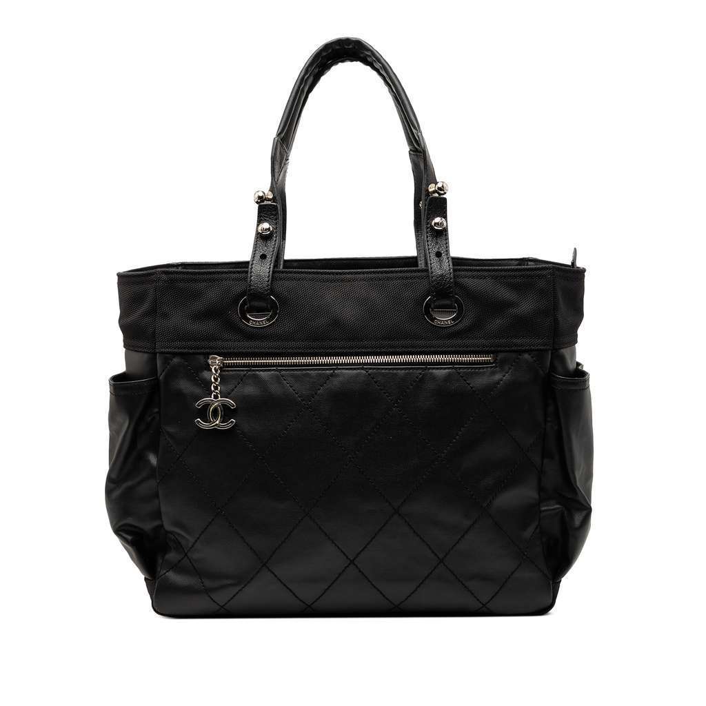 Chanel Large Quilted Coated Canvas Paris Biarritz Tote Black Canvas Good condition - Front View