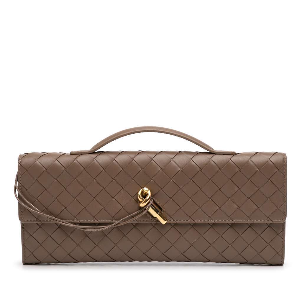 Bottega Veneta Lambskin Intrecciato Andiamo Clutch Brown Leather Very good condition - Front View