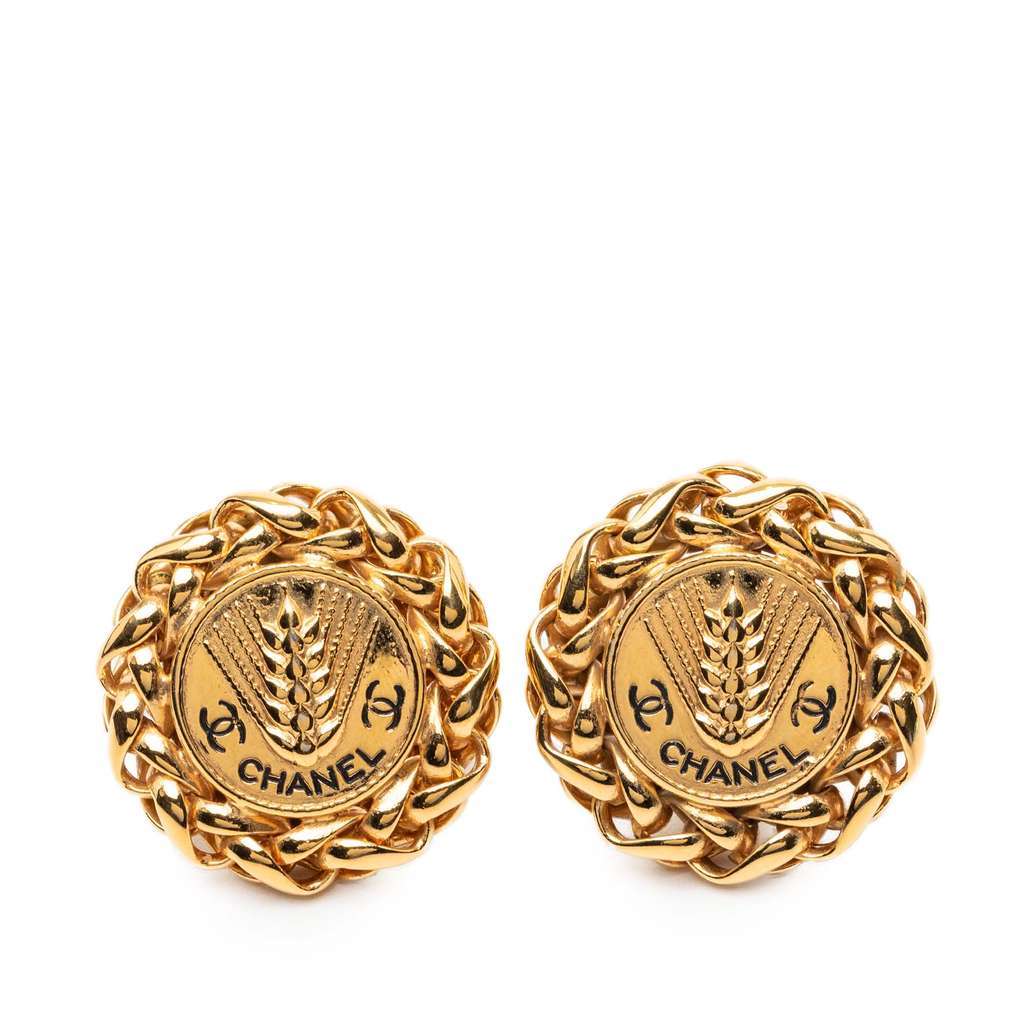Chanel CC Gold Plated Wheat Medallion Clip On Earrings Gold Metal Very good - Front View
