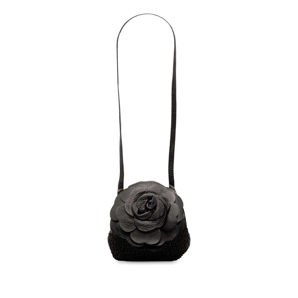 Bottega Veneta Woven Leather Floral Shoulder Bag Black Leather Very good condition - Front View