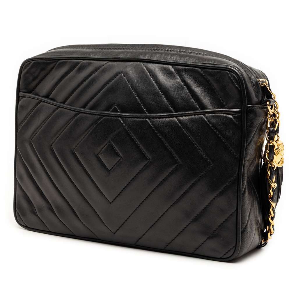 Chanel CC Diamond Quilted Lambskin Tassel Camera Bag Black Leather Very good condition - Back View