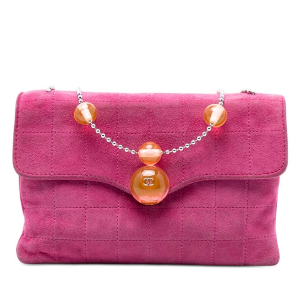 Chanel CC Choco Bar Suede Beaded Chain Flap Pink Leather Very good condition - Front View