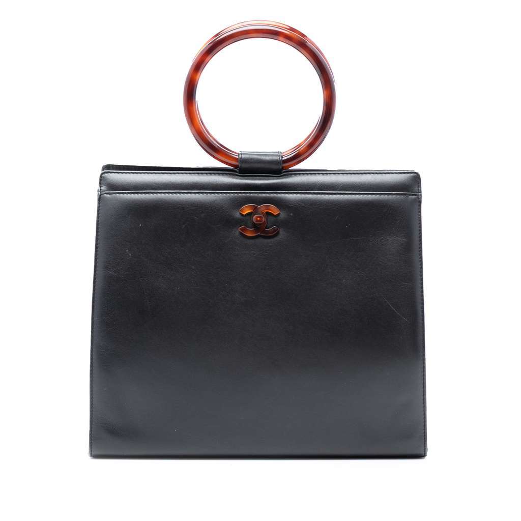 Chanel CC Calfskin Tortoiseshell Handbag Black Leather Very good condition - Front View