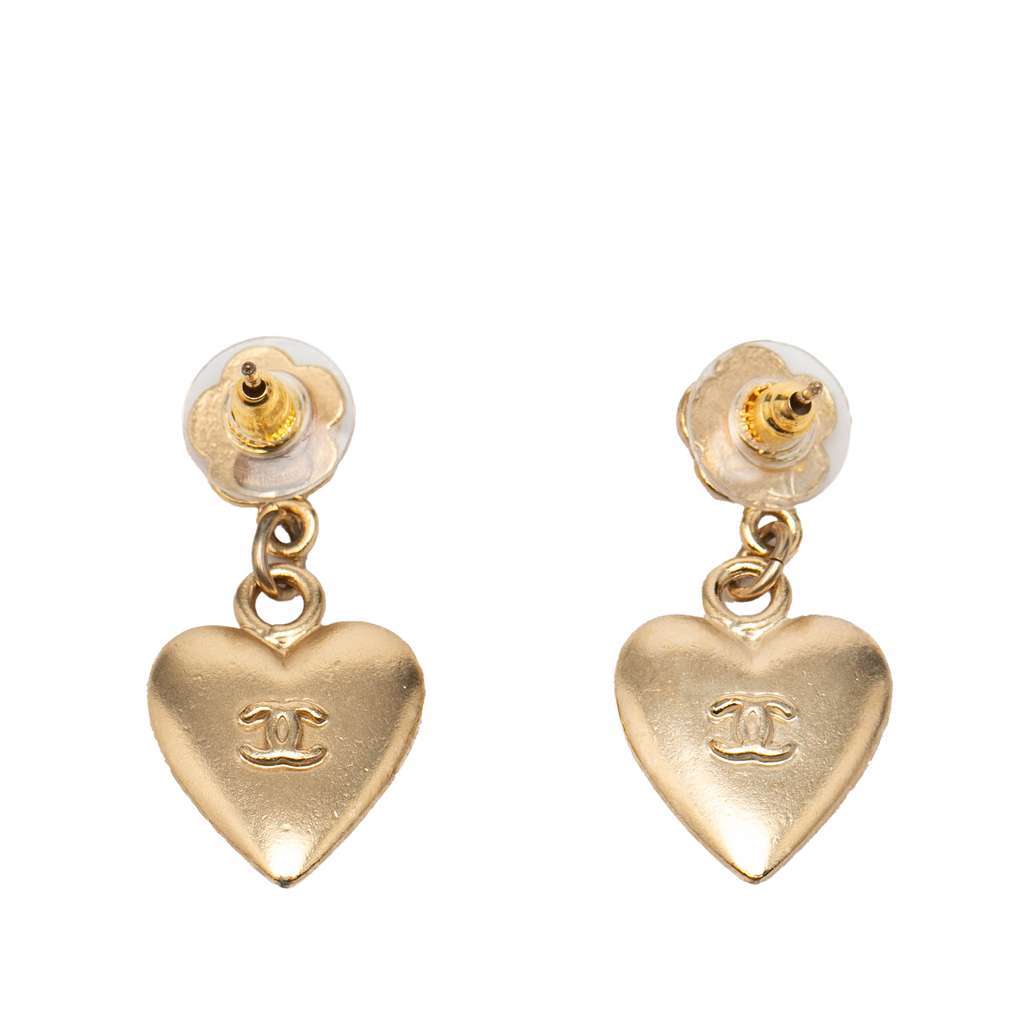 Chanel CC Gold Plated Heart Dangling Push Back Earrings Gold Metal Very good condition - Back View