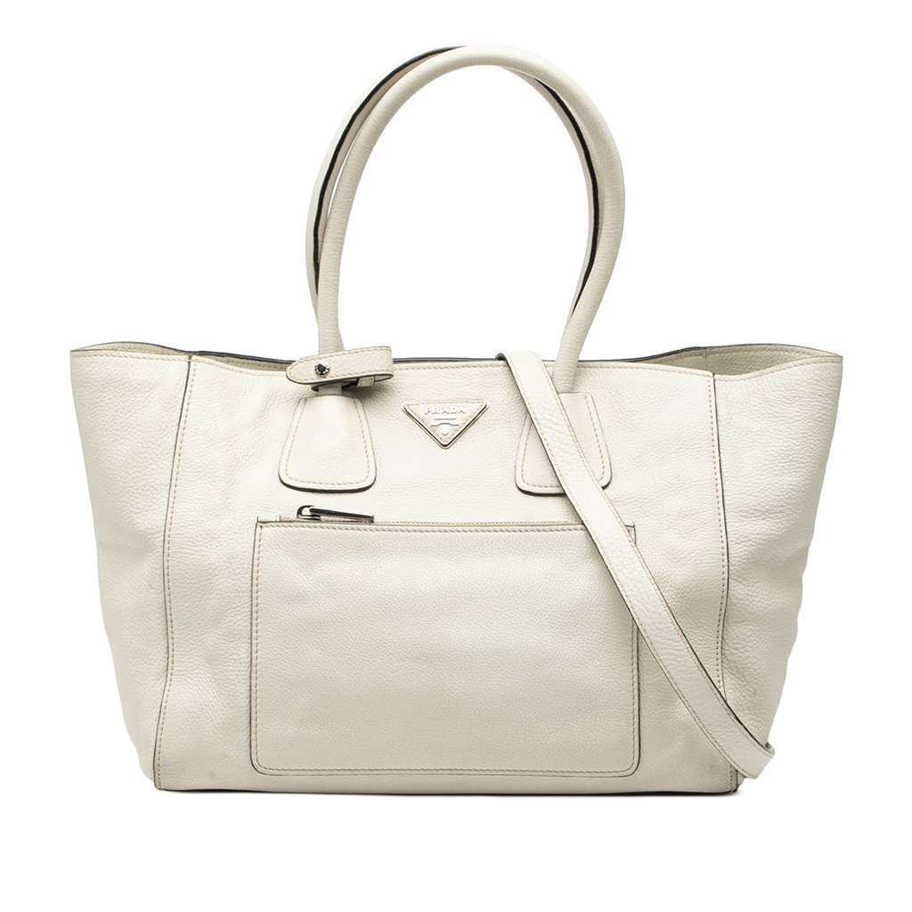 Prada Vitello Daino Front Pocket Open Convertible Tote White Leather Very good condition - Front View
