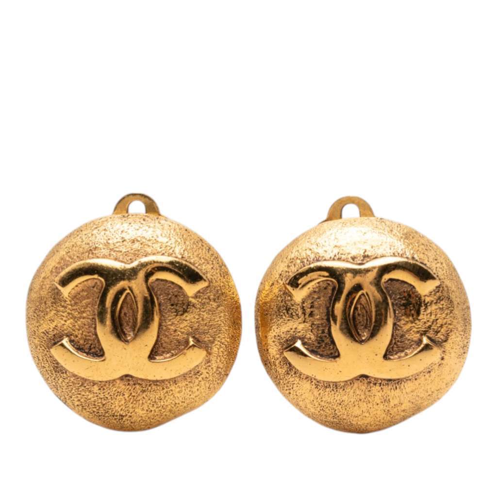 Chanel CC Gold Plated Button Clip On Earrings Gold Metal Very good - Front View