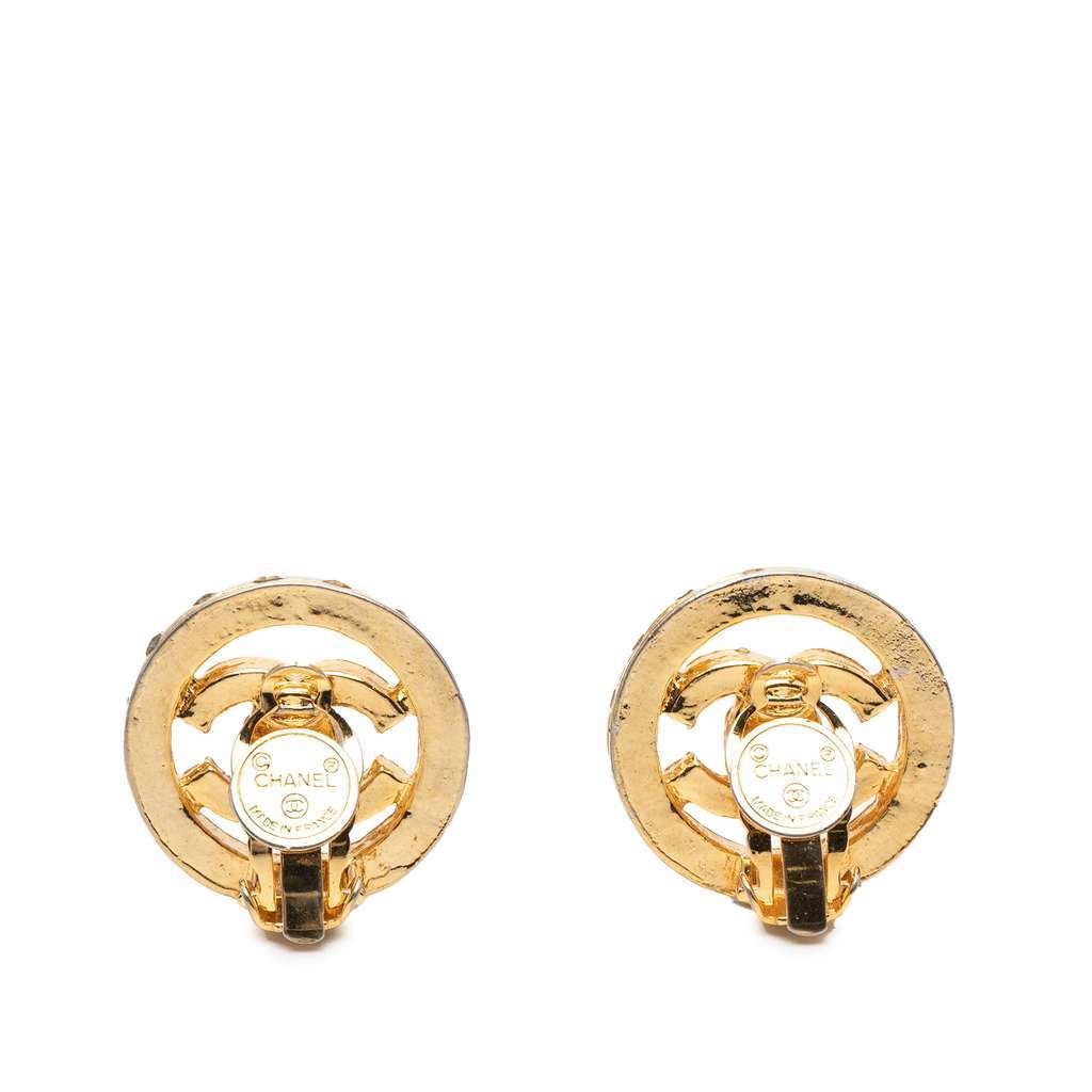 Chanel CC Gold Plated Rhinestone Round Clip On Earrings Gold Metal Very good - Back View