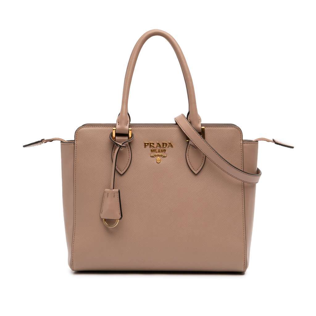 Prada Soft Calf Trimmed Saffiano Lux Zip Convertible Tote Brown Leather Very good condition - Front View