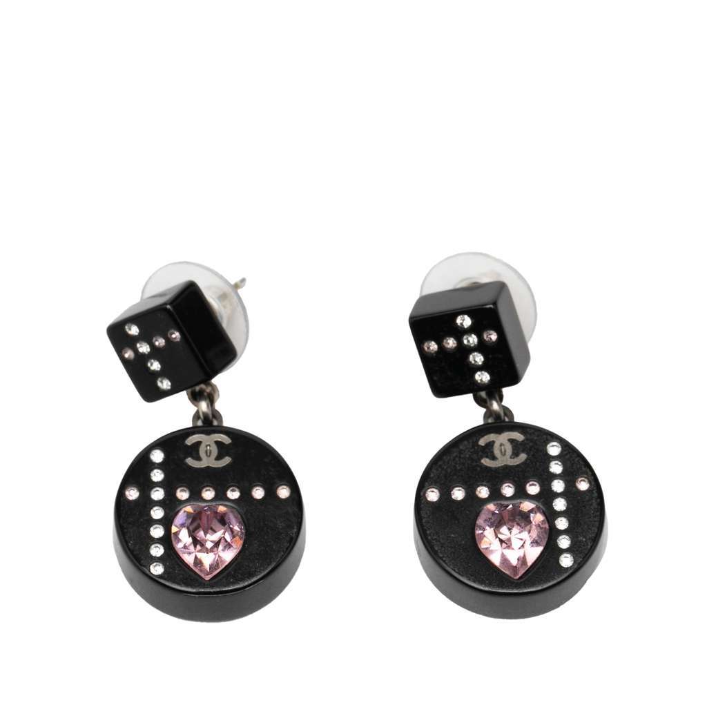Chanel Resin CC Dice and Heart Crystal Drop Push Back Earrings Black Very good condition - Front View