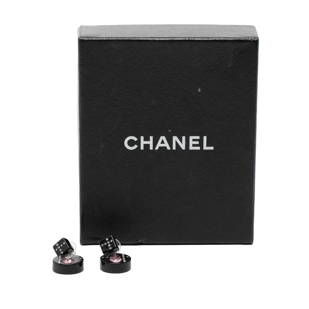 Chanel Resin CC Dice and Heart Crystal Drop Push Back Earrings Black Very good condition - Model View