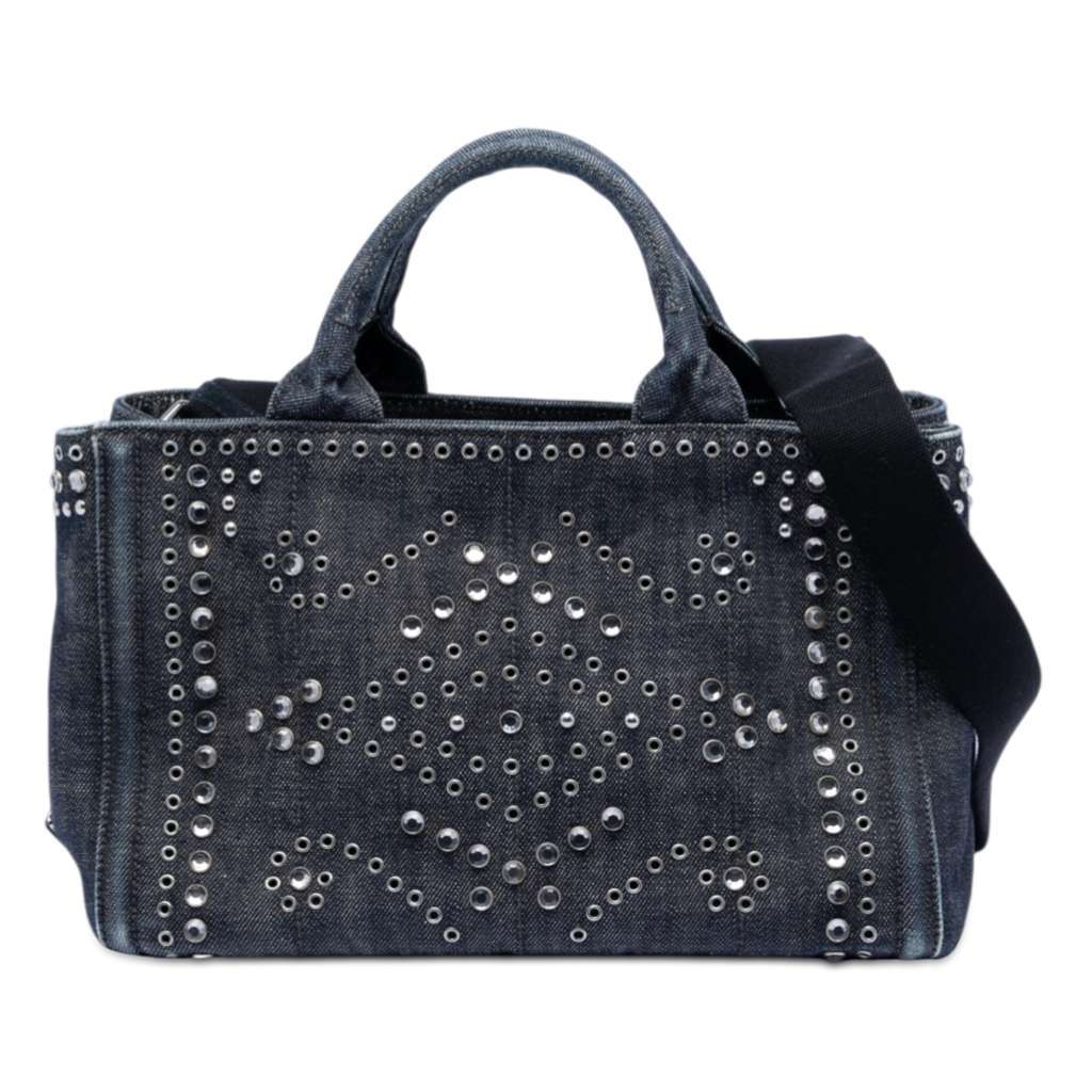 Prada Studded Denim Canapa Logo Satchel Grey Denim Very good condition - Front View