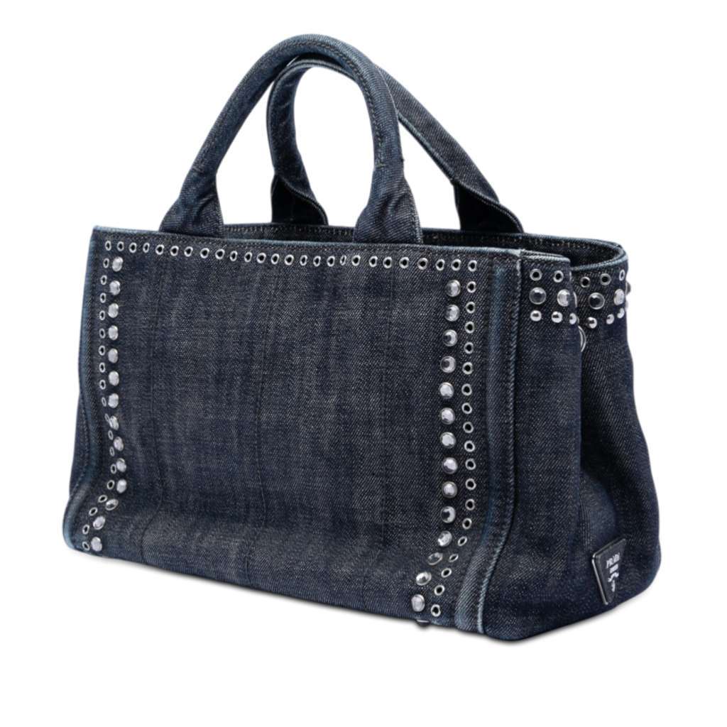 Prada Studded Denim Canapa Logo Satchel Grey Denim Very good condition - Back View