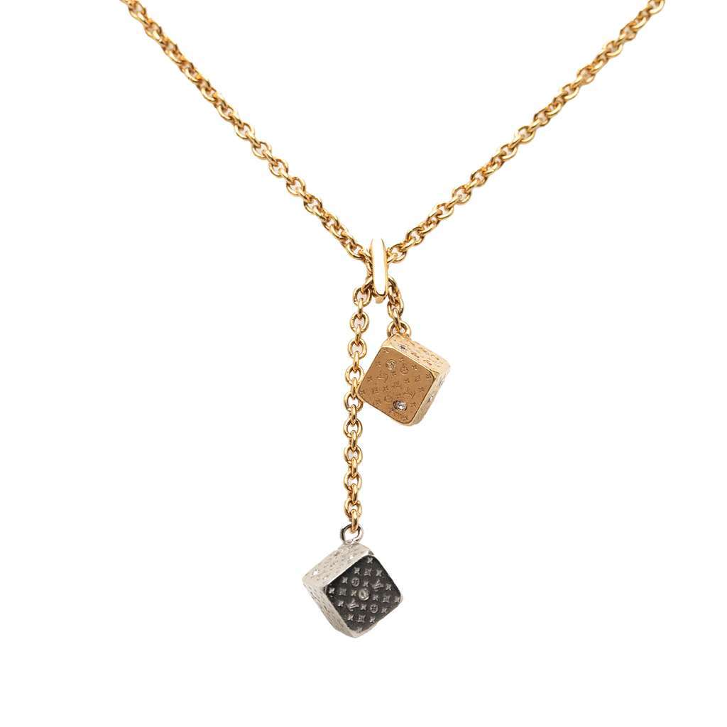 Louis Vuitton Gold Plated and Silver Plated Crystal Luckygram Game On Dice Pendant Necklace Gold Metal Very good condition - Back View