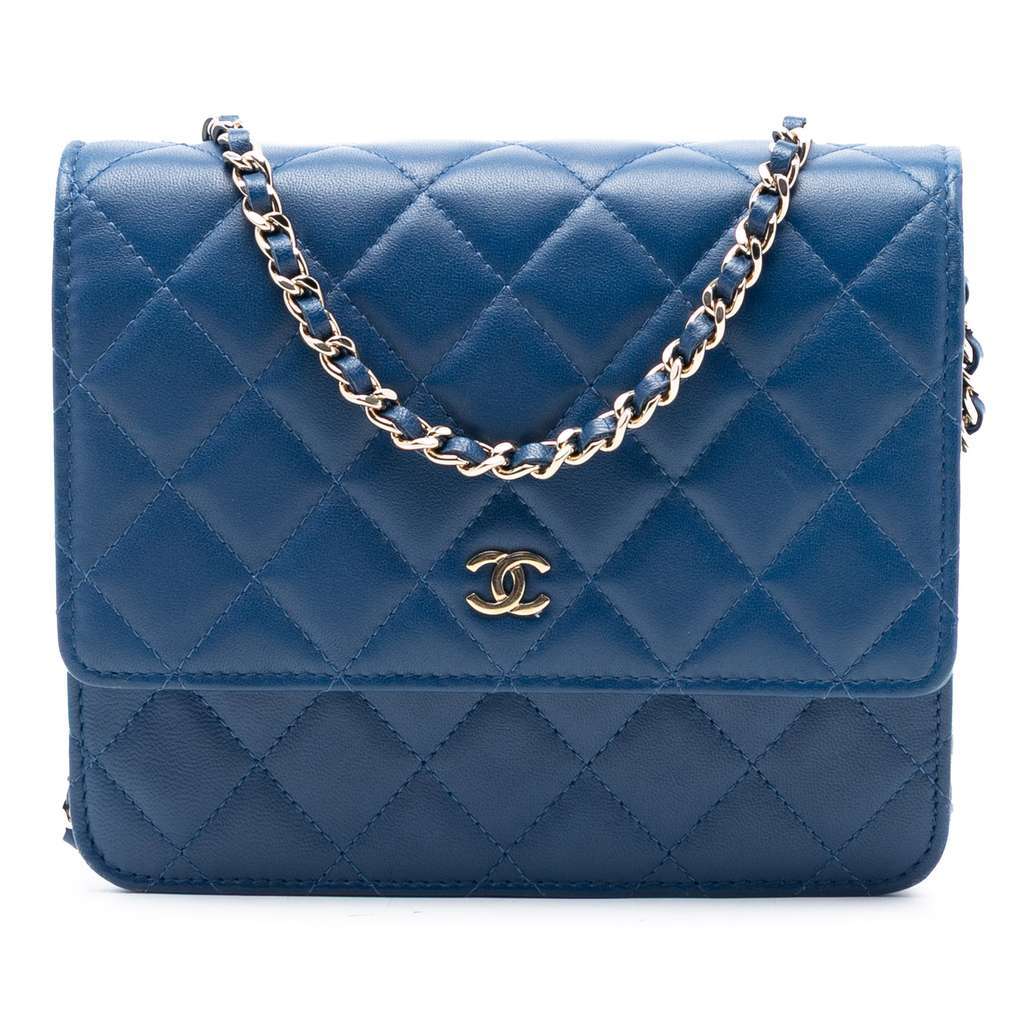 Chanel CC Square Quilted Lambskin Wallet on Chain Blue Leather Very good condition - Front View