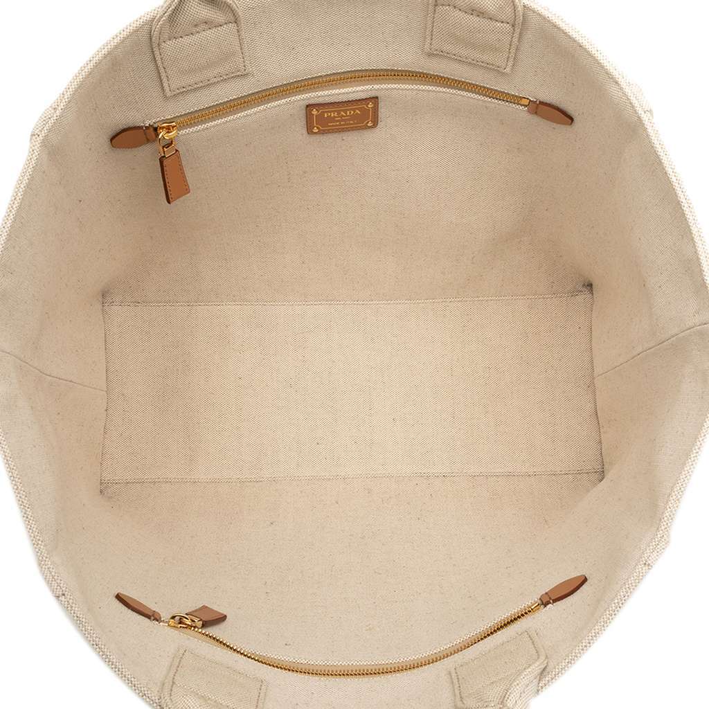 Prada Large Linen and Vitello Logo Tote Beige Very good condition - Model View
