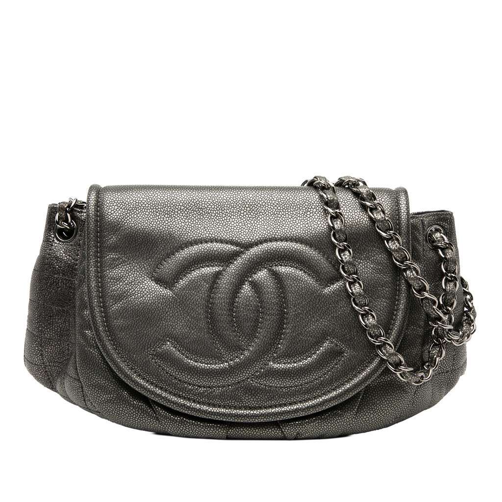 Chanel Large Metallic Caviar Half Moon Flap Grey Leather Very good condition - Front View