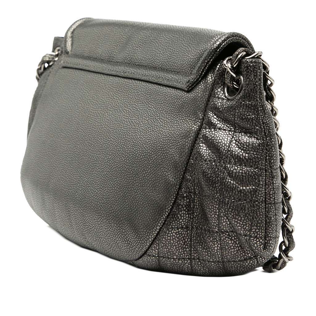 Chanel Large Metallic Caviar Half Moon Flap Grey Leather Very good condition - Back View