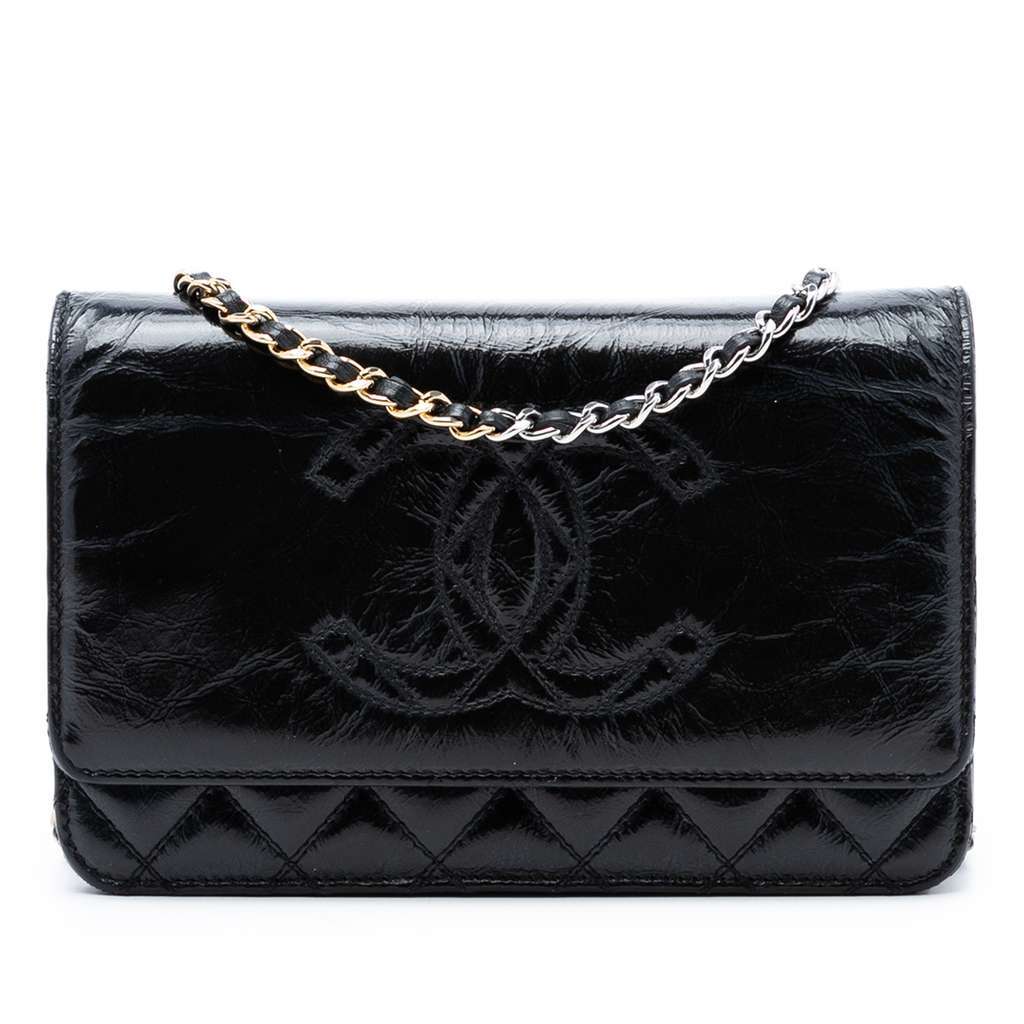 Chanel CC Quilted Shiny Aged Calfskin Wallet On Chain Black Leather Very good condition - Front View