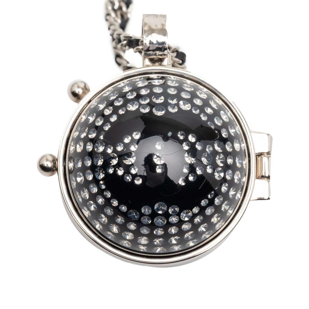 Chanel CC Silver Plated Lambskin Woven Resin Crystal Mirror Ball Pendant Necklace Silver Metal Very good condition - Back View