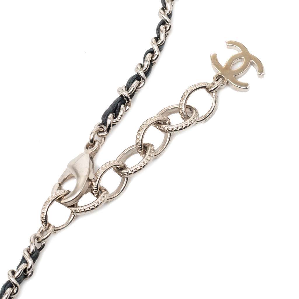 Chanel CC Silver Plated Lambskin Woven Resin Crystal Mirror Ball Pendant Necklace Silver Metal Very good condition - Model View