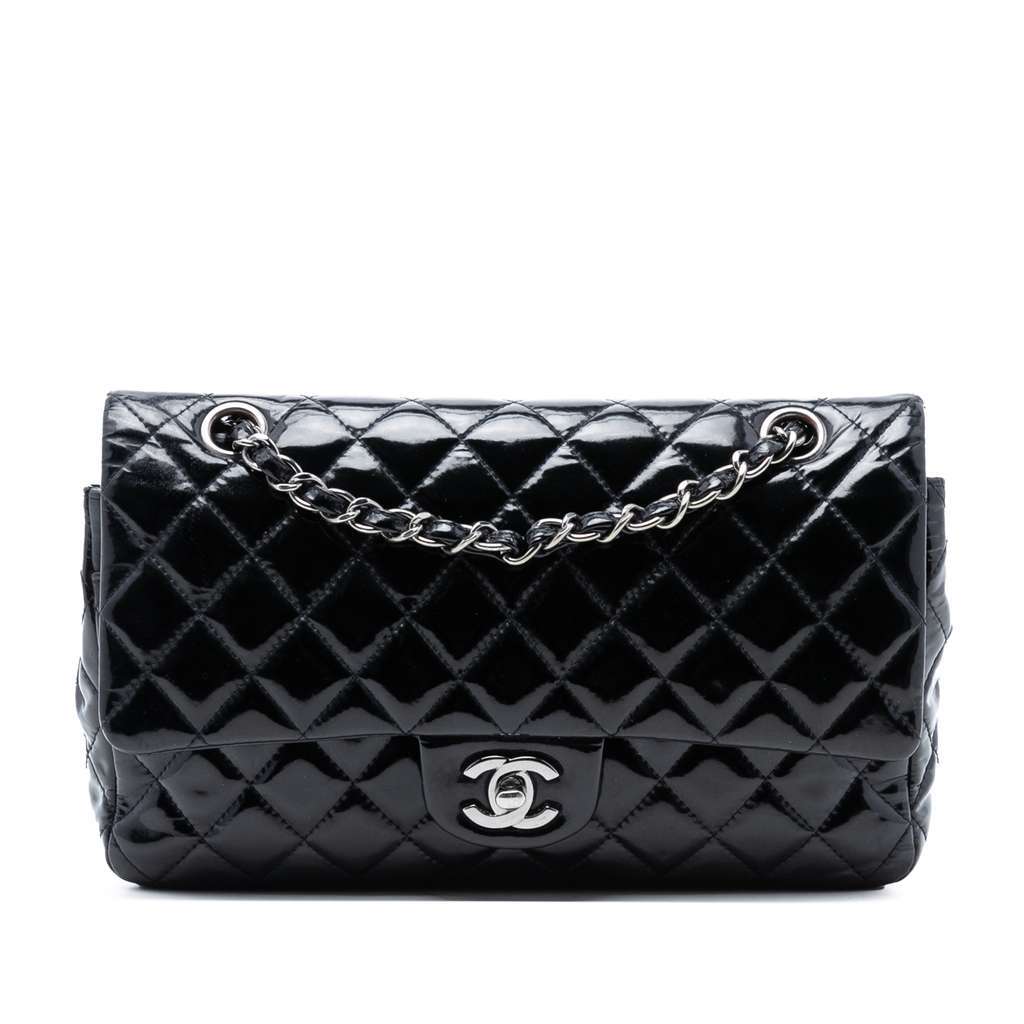 Chanel Medium Classic Patent Double Flap Black Leather Very good condition - Front View