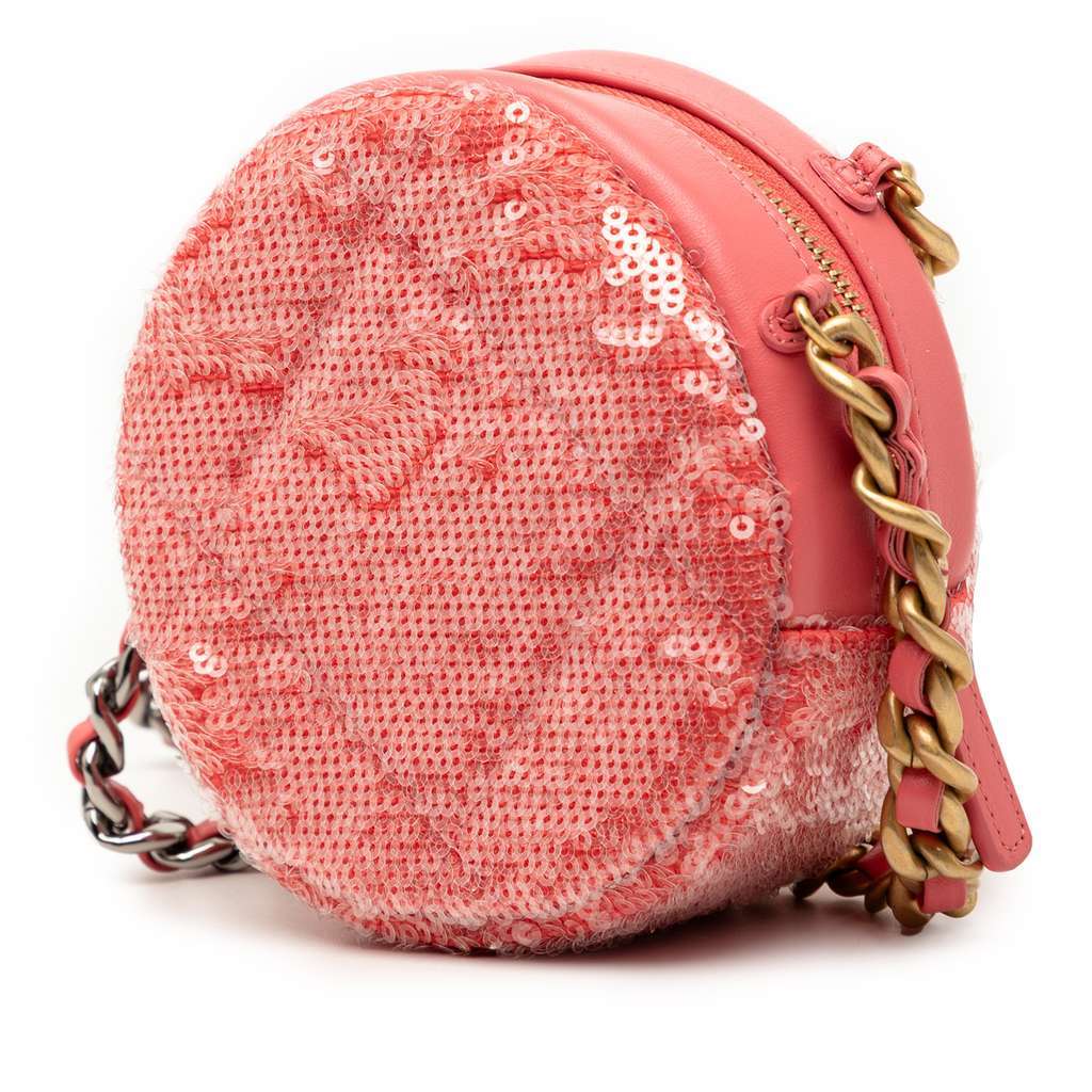 Chanel Sequin Lambskin 19 Round Clutch With Chain Pink Leather Very good condition - Back View