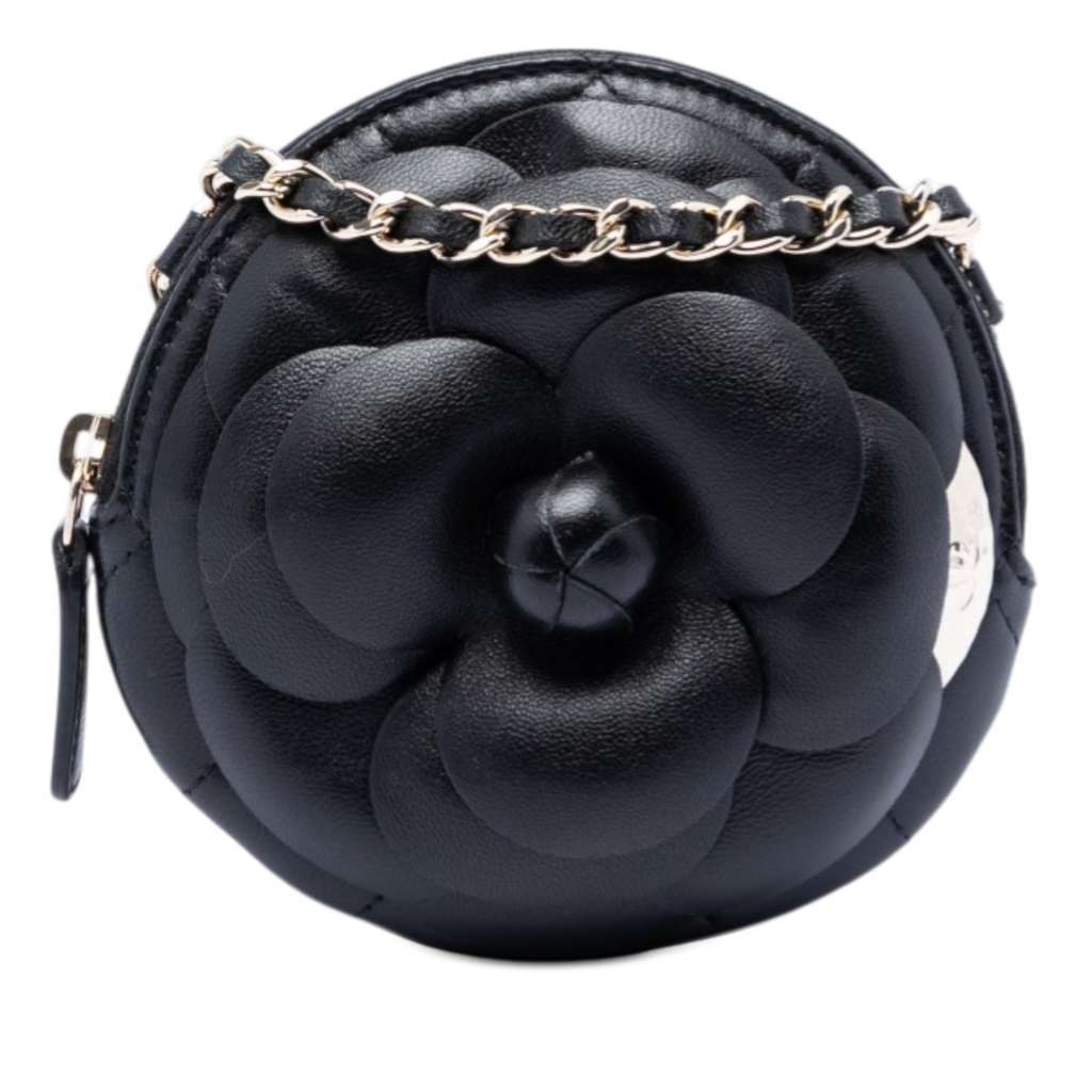 Chanel Mini CC Lambskin Camellia Bouquet Round Clutch on Chain Black Leather Very good condition - Front View