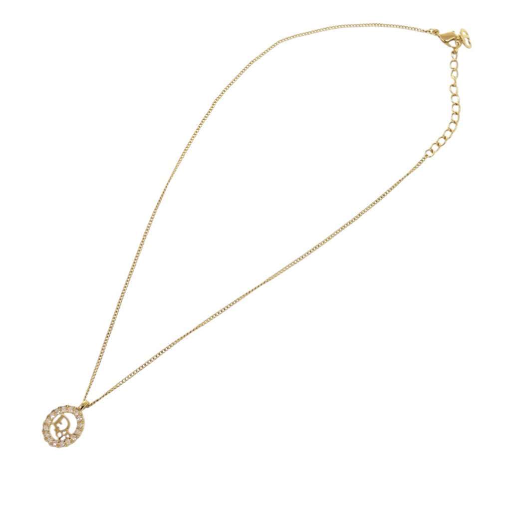 Dior Gold Plated Logo Rhinestones Pendant Necklace Gold Metal Very good - Front View