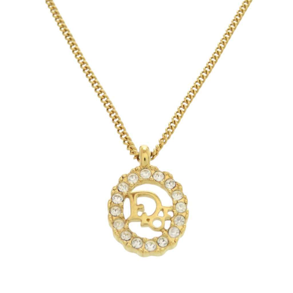 Dior Gold Plated Logo Rhinestones Pendant Necklace Gold Metal Very good - Back View