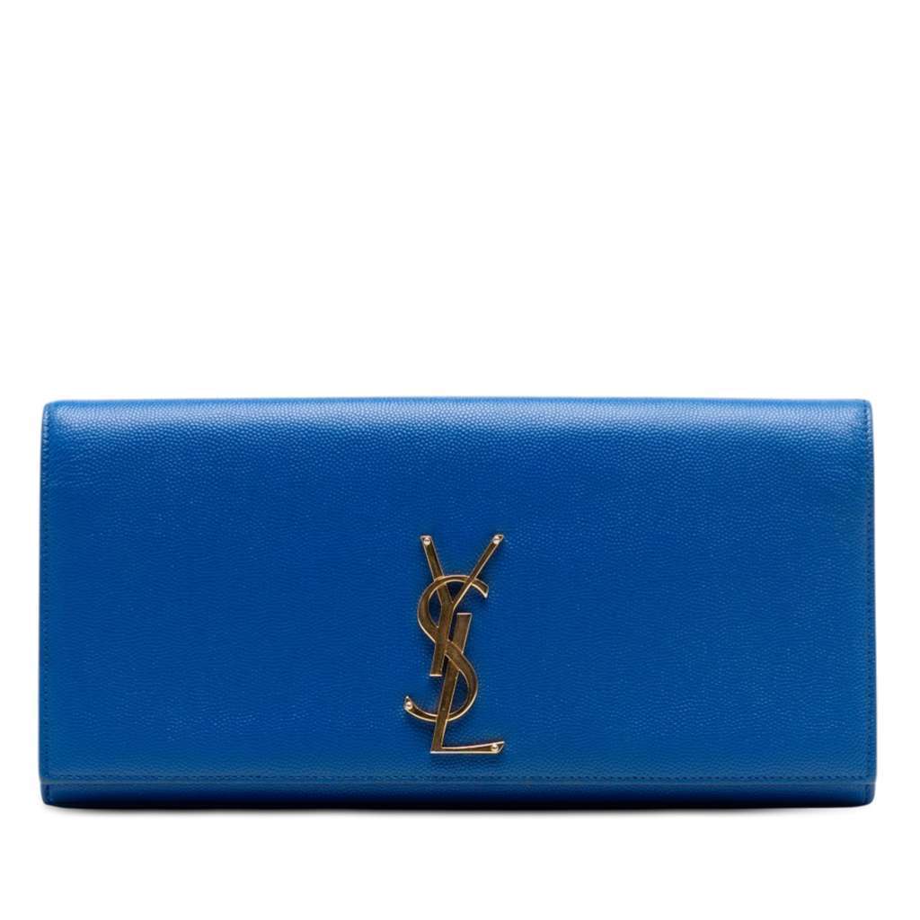 Saint Laurent Grain de Poudre Monogram Cassandre Clutch Blue Leather Very good condition - Front View