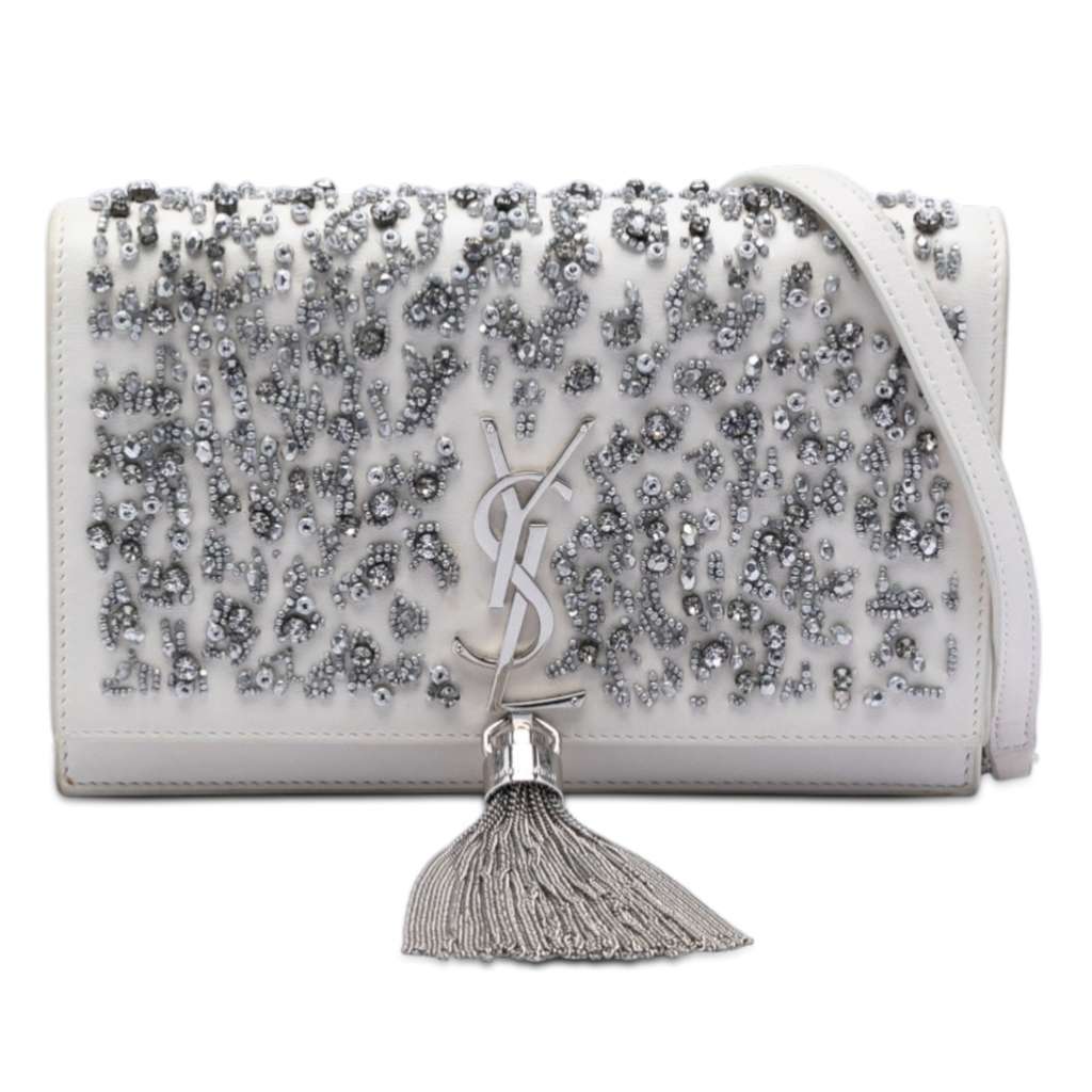 Saint Laurent Beaded Calfskin Monogram Kate Tassel Wallet on Chain White Leather Very good condition - Front View