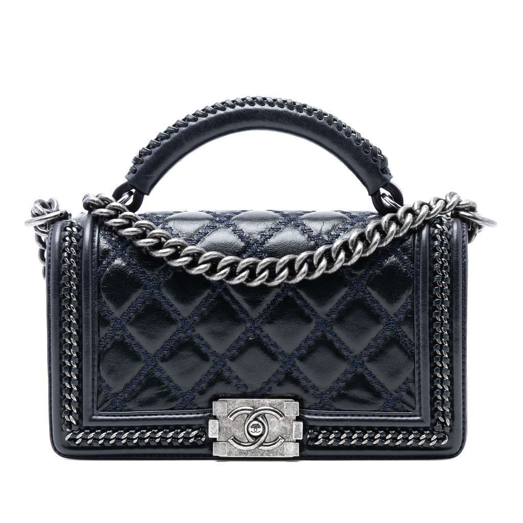Chanel Old Medium Quilted Calfskin Whipstitch Chain Around Boy Top Handle Flap Blue Leather Very good condition - Front View
