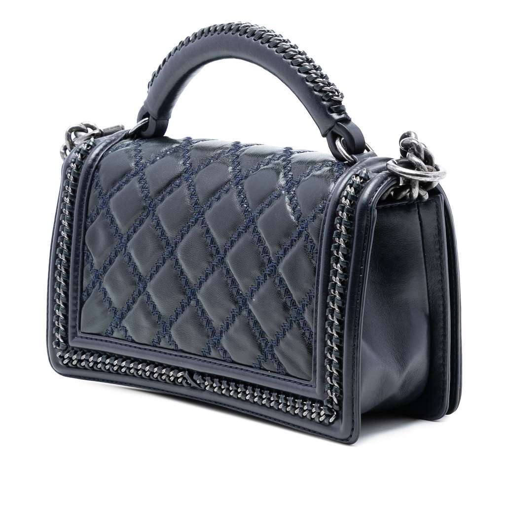 Chanel Old Medium Quilted Calfskin Whipstitch Chain Around Boy Top Handle Flap Blue Leather Very good condition - Back View