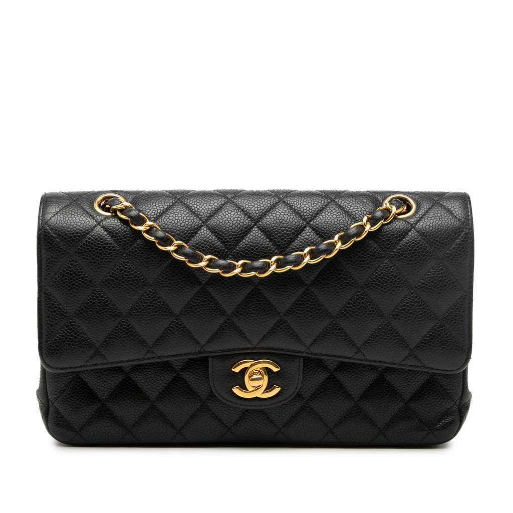 Chanel Medium Classic Caviar Double Flap Black Leather Very good - Front View