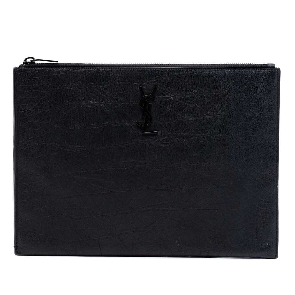 Saint Laurent Croc Embossed Leather Monogram Clutch Black Leather Very good condition - Front View
