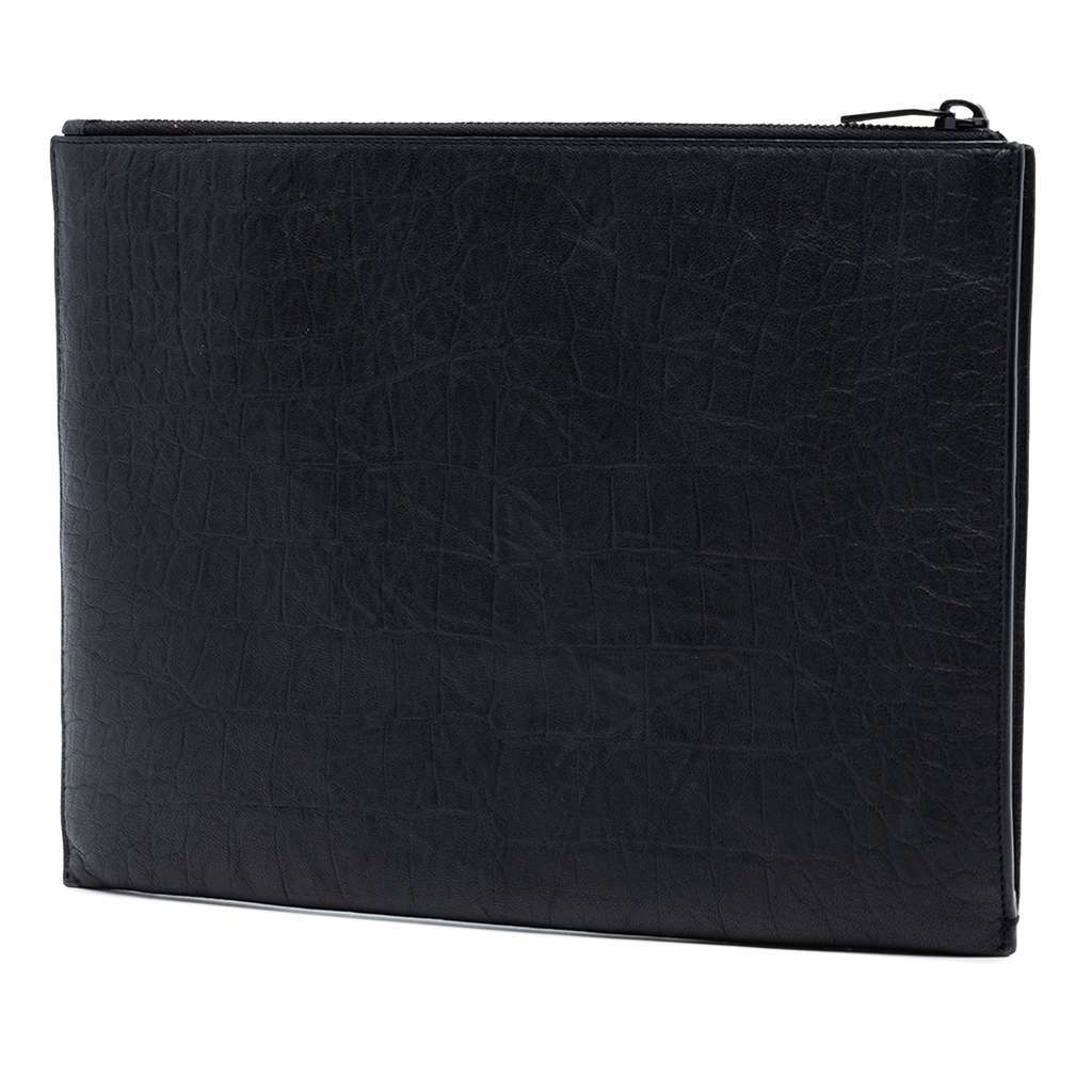 Saint Laurent Croc Embossed Leather Monogram Clutch Black Leather Very good condition - Back View