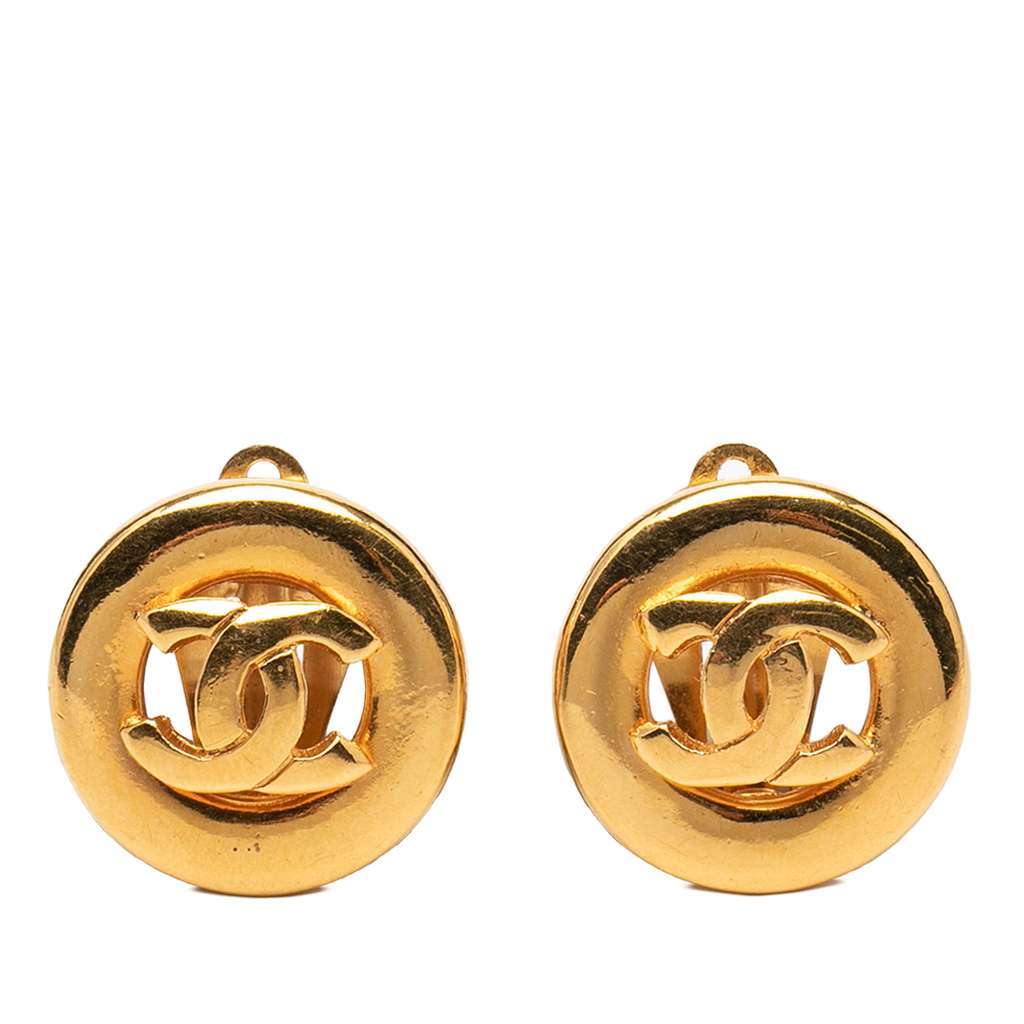 Chanel CC Gold Plated Round Clip On Earrings Gold Metal Very good - Front View