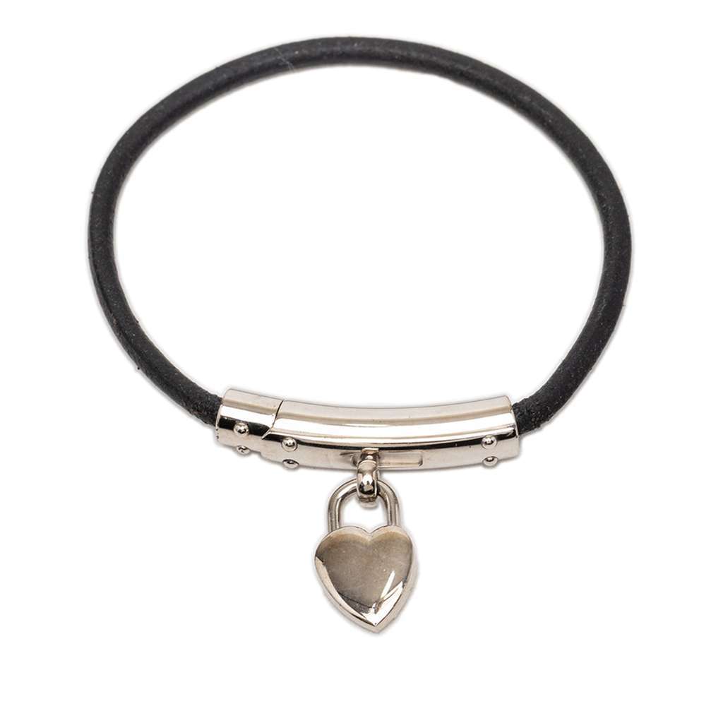 Hermès Leather Cadena Heart Charm Bracelet Black Leather Very good - Front View
