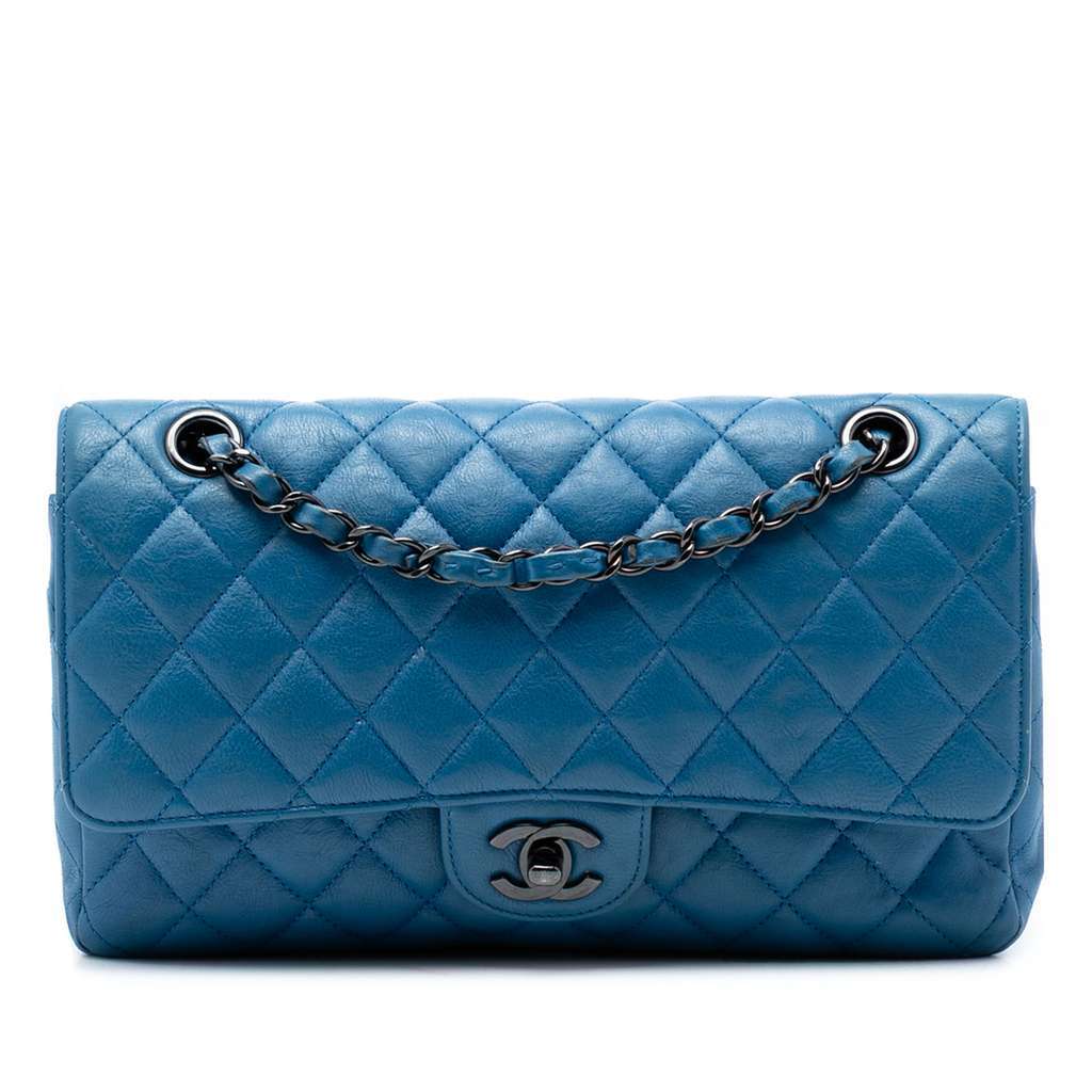 Chanel Medium Classic Calfskin Double Flap Blue Leather Very good - Front View