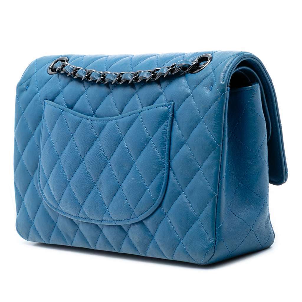 Chanel Medium Classic Calfskin Double Flap Blue Leather Very good - Back View