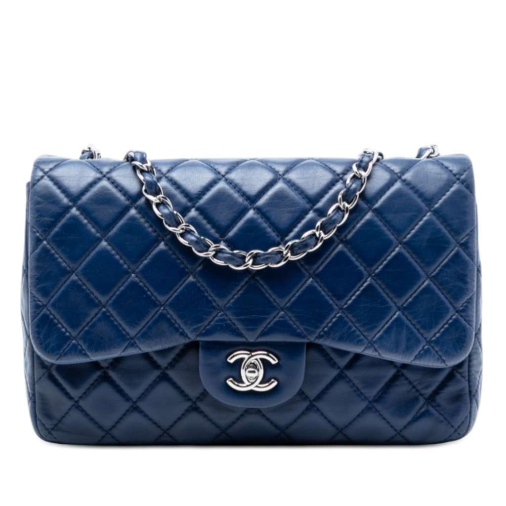 Chanel Jumbo Classic Lambskin Single Flap Blue Leather Very good condition - Front View