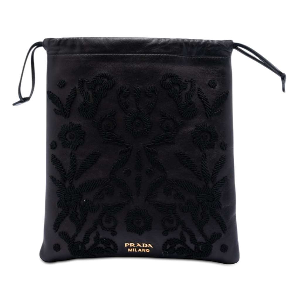 Prada Embroidered Leather Drawstring Pouch Black Leather Very good condition - Front View