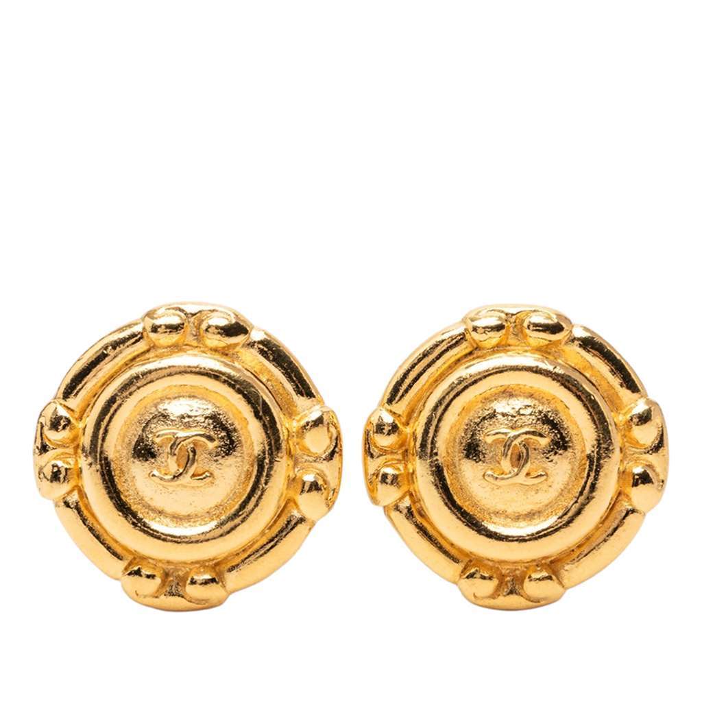 Chanel Gold Plated CC Round Clip On Earrings Gold Metal Very good condition - Front View